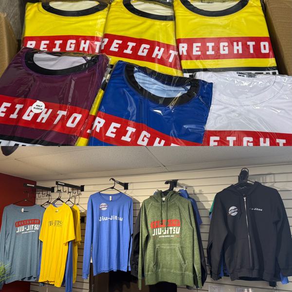 Our jiujitsu and MMA rash guards for our Martial Arts classes.