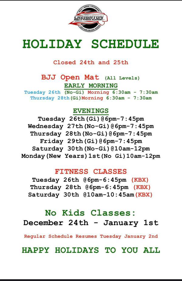 HOLIDAY SCHEDULE